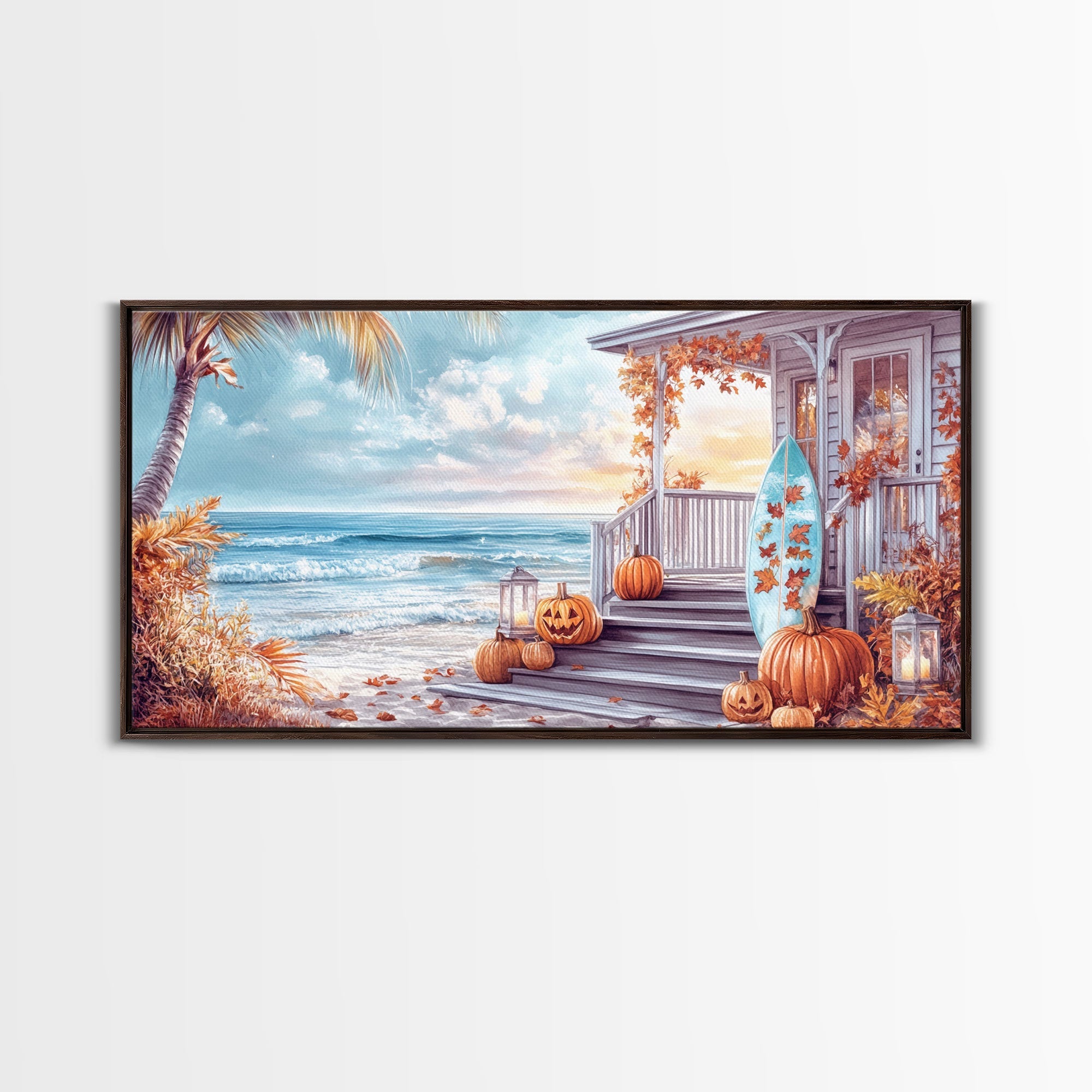 Fall Beachfront Porch With Pumpkins Autumn Decor Framed Canvas Print, Coastal Autumn Home Decor Wall Art Beach Vibes