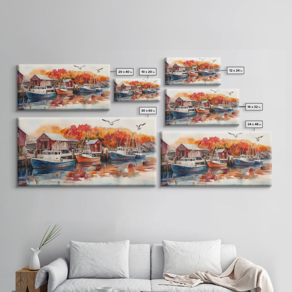Fishing boats in harbor with autumn trees, framed canvas print, fall coastal art, rustic nautical decor, perfect gift idea, autumn wall art