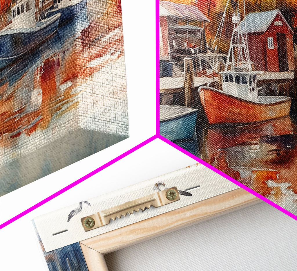 Fishing boats in harbor with autumn trees, framed canvas print, fall coastal art, rustic nautical decor, perfect gift idea, autumn wall art