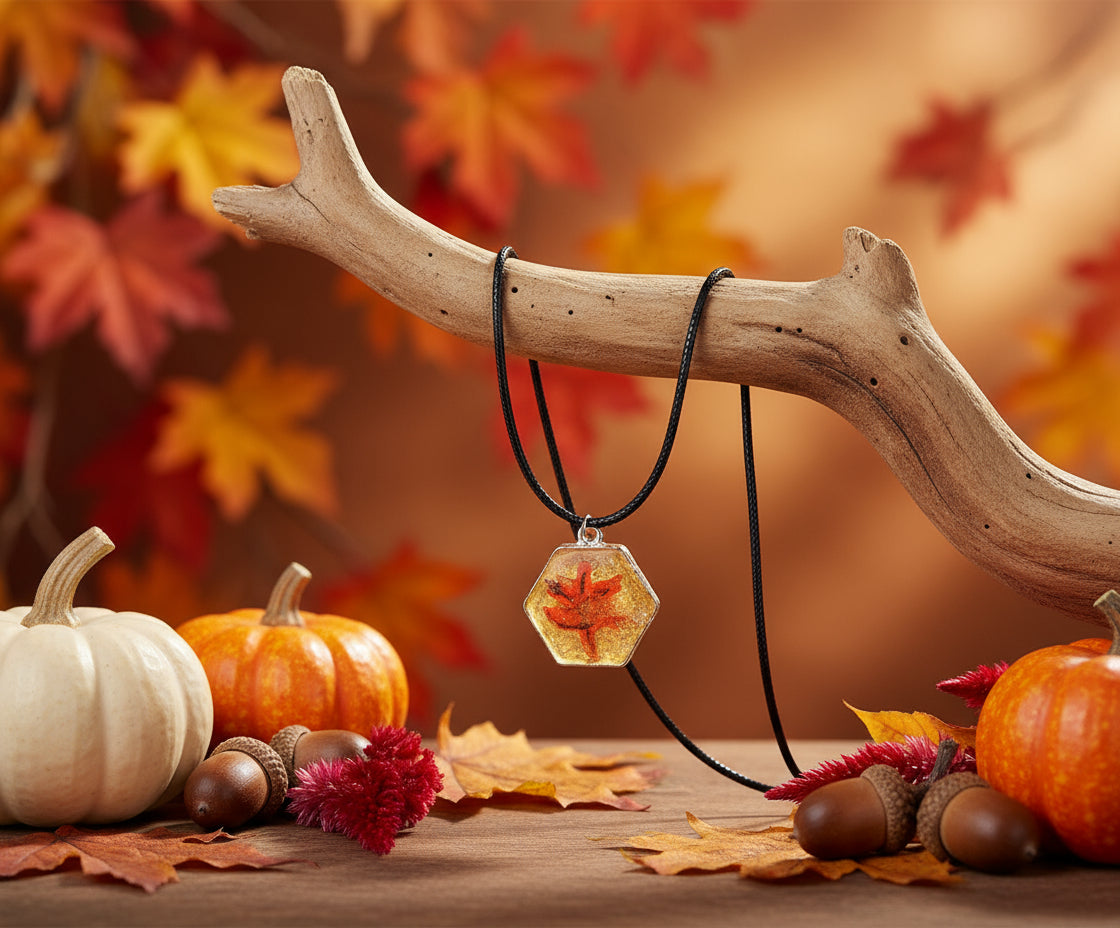 Autumn Maple Leaf Hexagon Resin Necklace hanging on driftwood with fall foliage and pumpkins