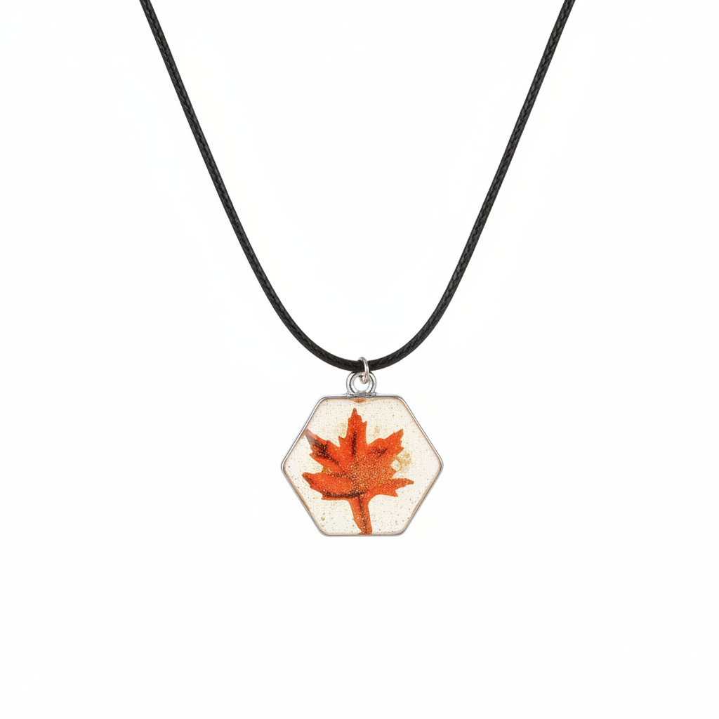 Autumn Maple Leaf Hexagon Resin Necklace