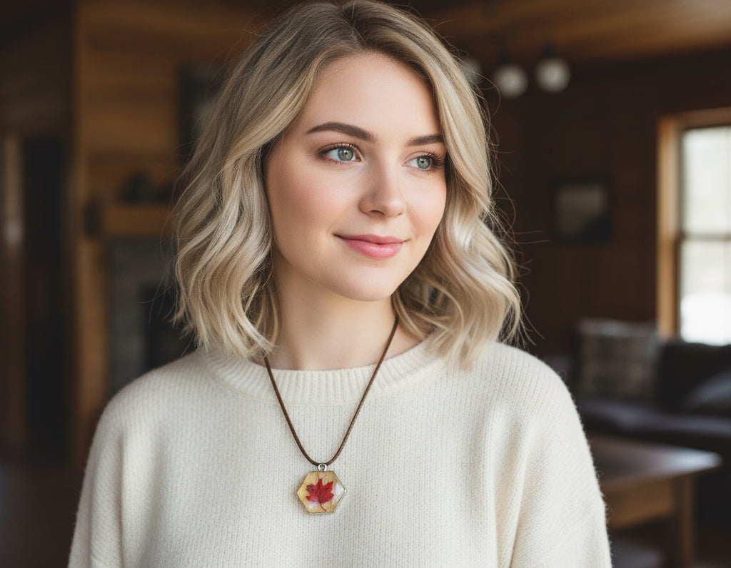 Autumn Maple Leaf Hexagon Resin Necklace worn by model in cozy autumn setting