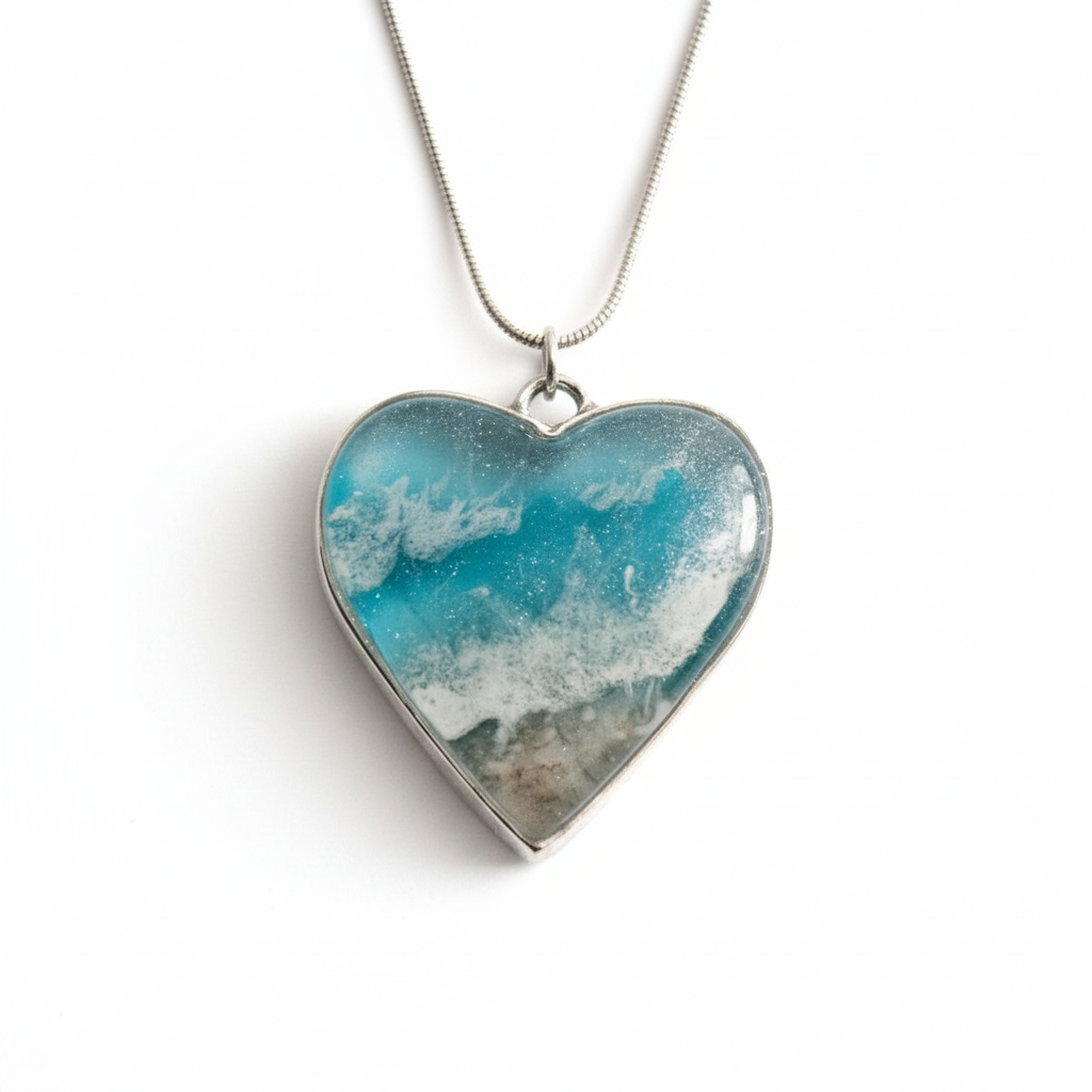 Teal Ocean Resin Heart Necklace